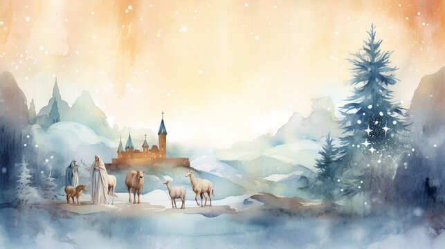 Joyful Nativity Scene and Peaceful Merry Christmas Message Postcard, watercolor style, with copy space