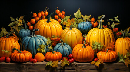 colorful pumpkins on the wooden table, autumn decoration