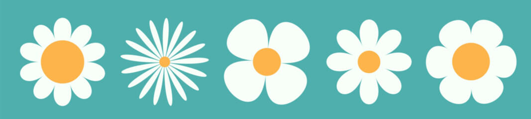 Daisy Camomile big set line. Nine white chamomile icon. Cute round flower head plant collection. Love card symbol. Growing concept. Flat design. Isolated. Blue background.