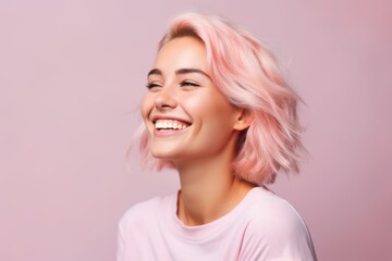 Medium shot portrait photography of a joyful girl in her 20s smiling against a pastel pink background. With generative AI technology