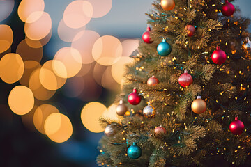 Fototapeta na wymiar Christmas Tree, Colourful Ornaments, Background With Golden Blurred Bokeh Lights, Copy Space for Text – Generative AI