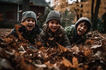 Children playing in a pile of fallen leaves, symbolizing the arrival of autumn and the Thanksgiving season. The joy and excitement of the holiday. Generative AI.