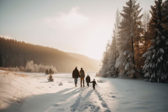 A heartwarming image of a family walking through a snowy winter landscape, with smiles on their faces and Christmas trees in the background. Generative AI.