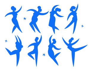 Dancing women.Contemporary silhouette organic shapes,hand drawn blue female roundelay.Flat human figures,bodies moving.Fashion modern trendy poster.Can use every girl apart.Isolated. Vector