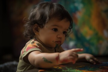 Fototapeta premium A toddler exploring his artistic side, finger painting and expressing creativity. Messy play area, encouraging fine motor skills and self-expression. Generative AI