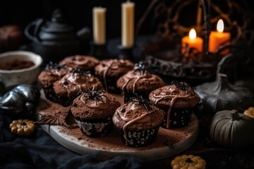 Halloween food. Graveyard-inspired cupcakes, decorated with chocolate tombstones and cookie dirt. Halloween-themed dessert table with cobwebs, bats, and other spooky decorations. Generative AI. - obrazy, fototapety, plakaty