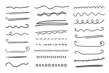 Underlines hand-drawn set. Hand-drawn dividers, separators, borders, collection of doodle style various art accentuation elements for text decoration. Isolated. Vector illustration