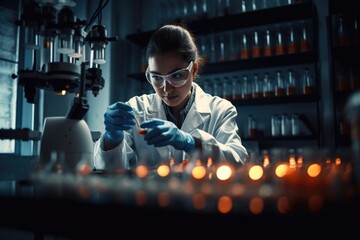 A young scientist woman student conducting experiments in a laboratory, surrounded by scientific equipment and chemicals. The scientific setting. Generative AI.