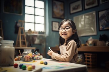 Fototapeta premium Asian smiling school-age child engaged in art and craft activities, painting, drawing in an art studio, workspace. Child's creativity and artistic expression. Generative AI
