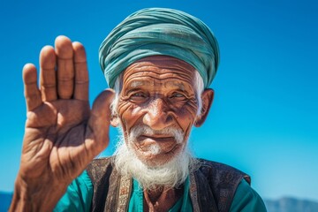 Headshot portrait photography of a glad old man joining palms in a gesture of gratitude against a turquoise blue background. With generative AI technology