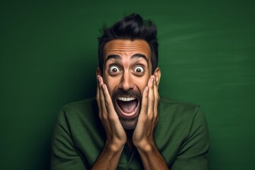 Obraz premium Lifestyle portrait photography of a satisfied boy in his 30s making a surprise gesture by covering one's mouth against a green background. With generative AI technology