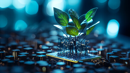  glowing plant growing on computer chip representing digital ecology business with blurred background - obrazy, fototapety, plakaty