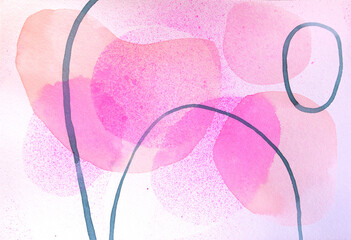 Abstract Watercolor Painting With Oval Shapes and Lines in Pink and Blue with Spray Paint Splatter