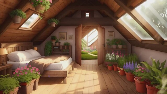 interior of a wooden house with bedroom and plants.  Cartoon or anime illustration style. seamless looping 4K time-lapse virtual video animation background.