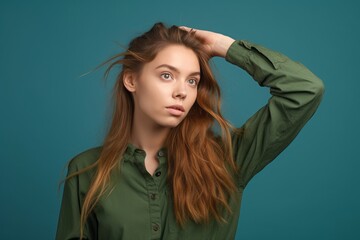 Medium shot portrait photography of a satisfied girl in her 20s scratching head in gesture of confusion against a green background. With generative AI technology