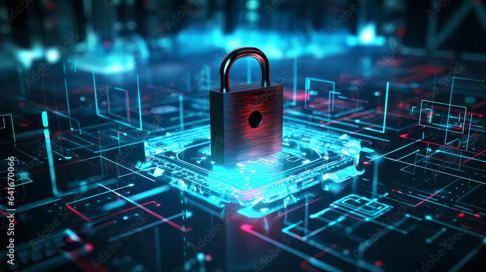 Poster hacker attack system, cybersecurity hologram and lock icons