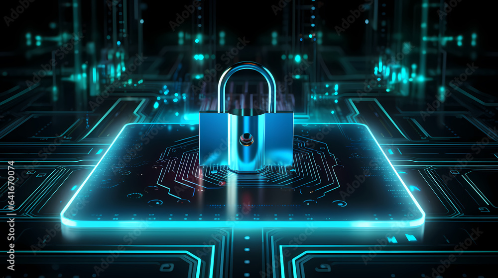 Poster hacker attack system, cybersecurity hologram and lock icons