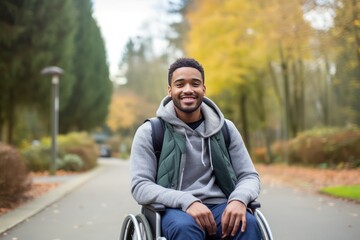 Smiling young African American man in a wheelchair enjoying the autumnal city park. No one can take away the love of life from him. The breath of wind in an autumn forest inspires him.