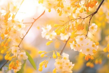 Beautiful blurred spring background image with branches of flowering myiosa in nature in the rays of sunlight outdoors, Generative AI