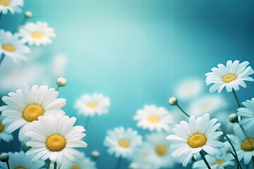 Beautiful floral natural blue turquoise background with a frame of white daisies using a soft blur filter, Generative AI