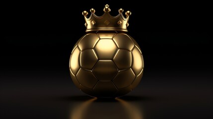 Gold soccer ball or football isolated on black 3d illustration dark background with sport winner championship tournament and golden king crown competition trophy champion cup, Generative AI