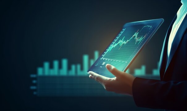 Businessman holding tablet and showing holographic graphs and stock market statistics gain profits. Concept of growth planning and business strategy. Display of good economy form digital, GenerativeAI