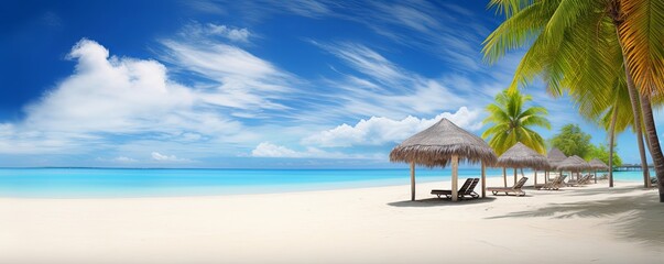 Panorama beautiful beach with white sand, turquoise ocean and blue sky with clouds on Sunny day. Summer tropical landscape with green palm trees and Straw umbrellas with empty copy, Generative AI