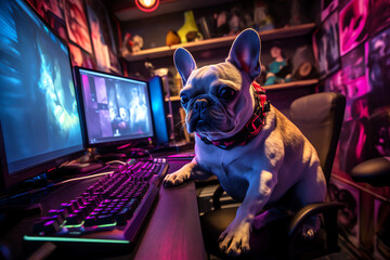 French bulldog gaming dog in gamer cave with computer. Generative ai