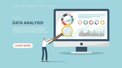 Vector illustration for poster, website or web page, banner. Data analysis, analysis of income and expenses enterprise, assessment of profitability and investment attractiveness, economic calculations