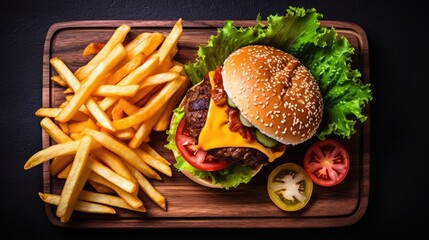 Top view of tasty cheeseburger with french fries on wooden board