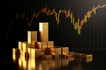 Growth gold bar financial investment stock diagram on 3d profit graph background of global economy trade price business market concept or capital marketing golden banking chart exchange, Generative AI
