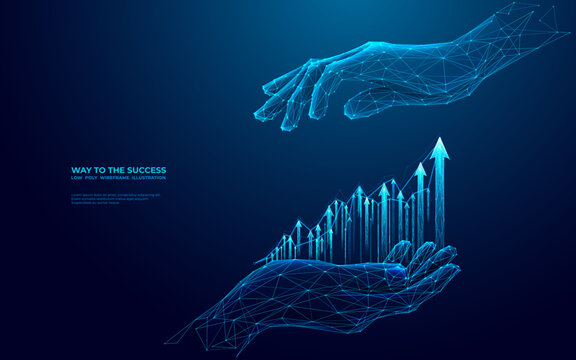 Abstract Digital Businessman Hands-holding Growth Chart In Futuristic Style. Business Partnership And Teamwork Concept. Low Poly Wireframe Vector Illustration On Technology Blue Background. 