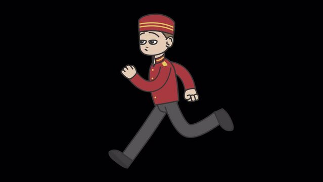 White male bellboy runs to customers. Looped 4K video with alpha-channel.