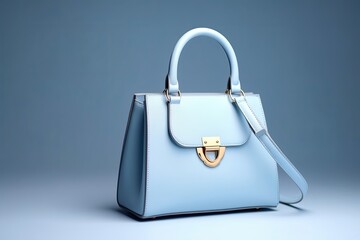 Beautiful trendy smooth youth women's handbag in gentle blue color on a light blue studio background. Generative AI