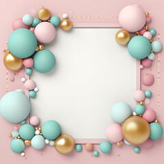 Beautiful birthday, baby shower, Mother's day gift cards with frame made of pink, teal and golden balls and copy space