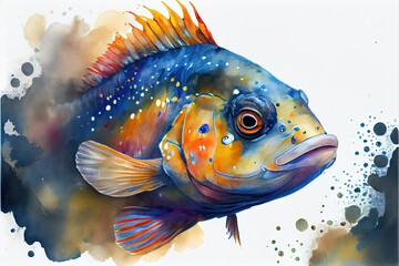 Fish watercolor portrait on white background