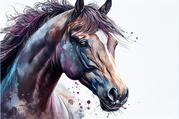 Horse head portrait on white background. Watercolor illustration.