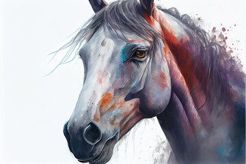 Grey horse head portrait on white background. Watercolor painting.