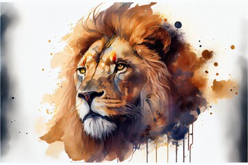 Lion head watercolor painting with paint drip. Watercolor painting.