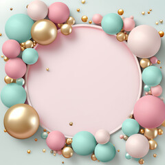 Beautiful birthday, baby shower, Mother's day gift cards with frame made of pink, teal and golden balls and copy space