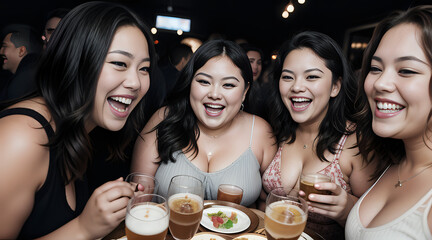 Group of people in a bar, Plus-Size Crowd Shares Laughter in Restaurant