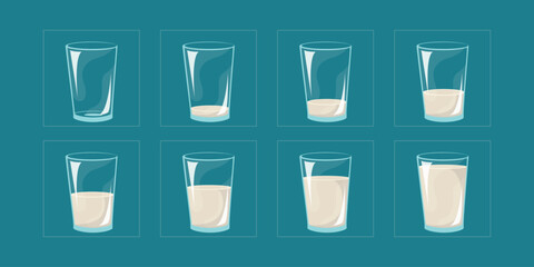 Set of glasses milk animation frames. 2d cartoon liquid animated frames. set of glass of Milk animation.
