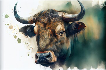 Bull head watercolor portrait on white background with smudge effect