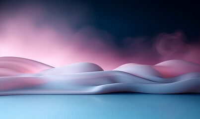 Beautiful abstract modern blue backdrop for a product presentation with a smooth floor and trailing pink smoke. AI generated, Generative AI