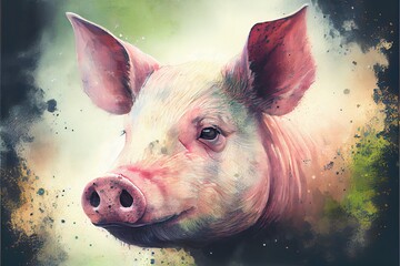 Portrait of domestic pig. Watercolor pig painting.