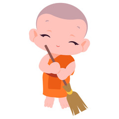 Novice monk sweeping flat illustration