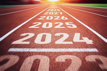 Start of new year. Changes of year 2024, 2025, 2026 on Running track. Concept of new ideas starting in new year, planning along with setting objectives to set KPI goals for success in life. - obrazy, fototapety, plakaty