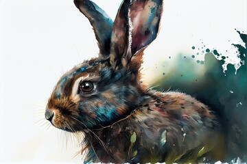 Black bunny on white background. Watercolor painting.