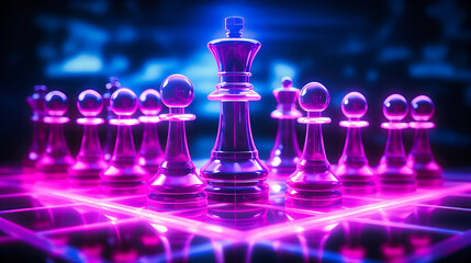 Abstract neon chess pieces in mid-game on a glowing board - obrazy, fototapety, plakaty