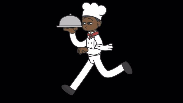 Black male cook holding a tray with a cloche in his hand runs to customers. Looped 4K video with alpha-channel.
